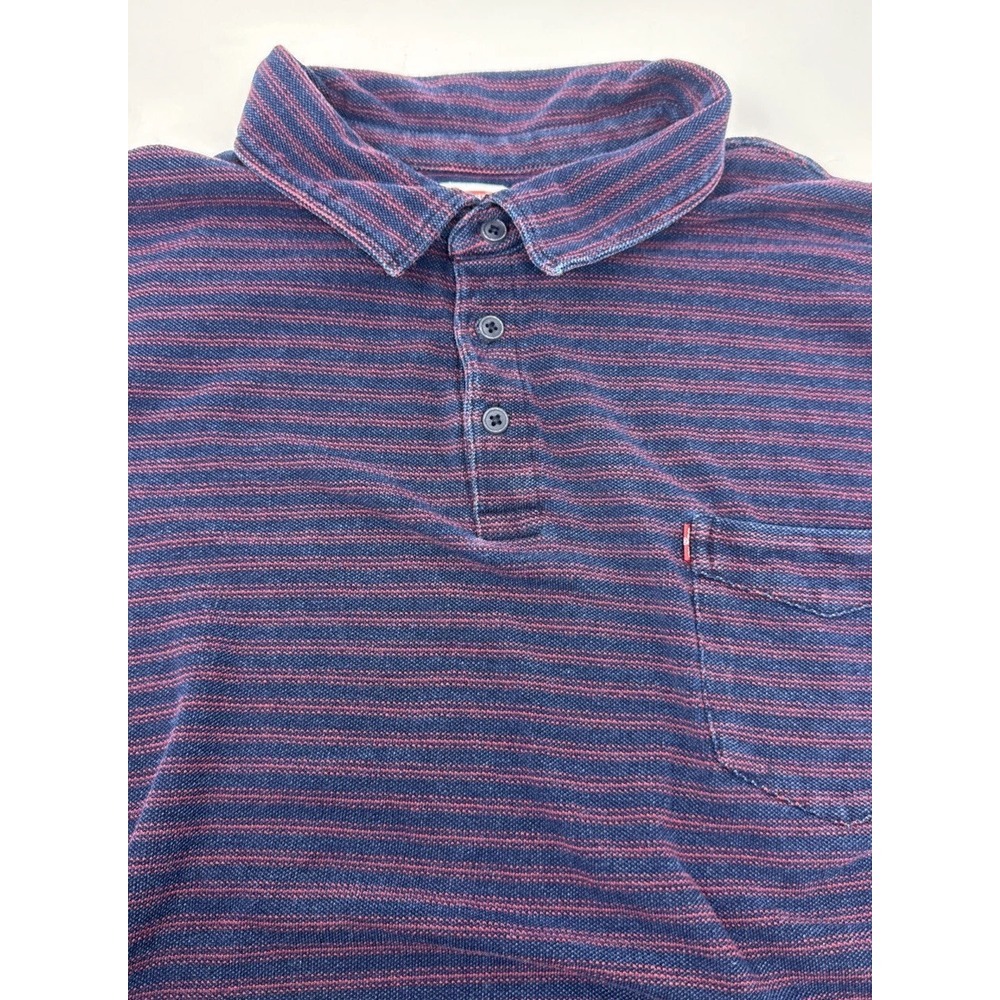 Levi's Polo Shirt Mens XXL Blue Burgundy Striped Short Sleeve Pocket Red Tab‎